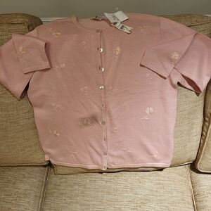 Talbots Pale Pink Embroidered Short-Sleeve Cardigan